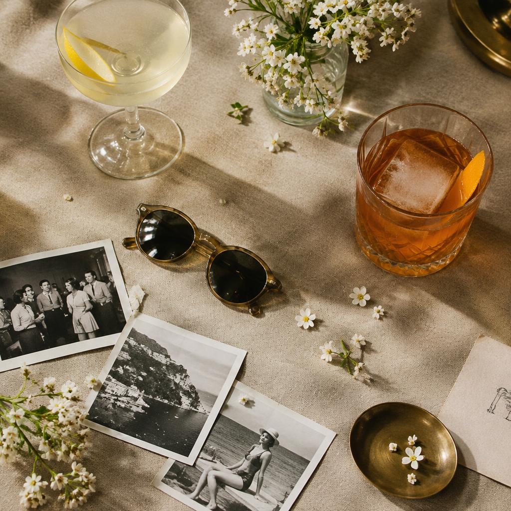 Concept image: cocktails, sunglasses, and printed photos on a linen tablecloth