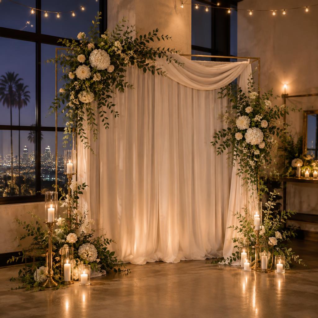Concept image: elegant booth setup with cream draping, sage florals, and candlelight