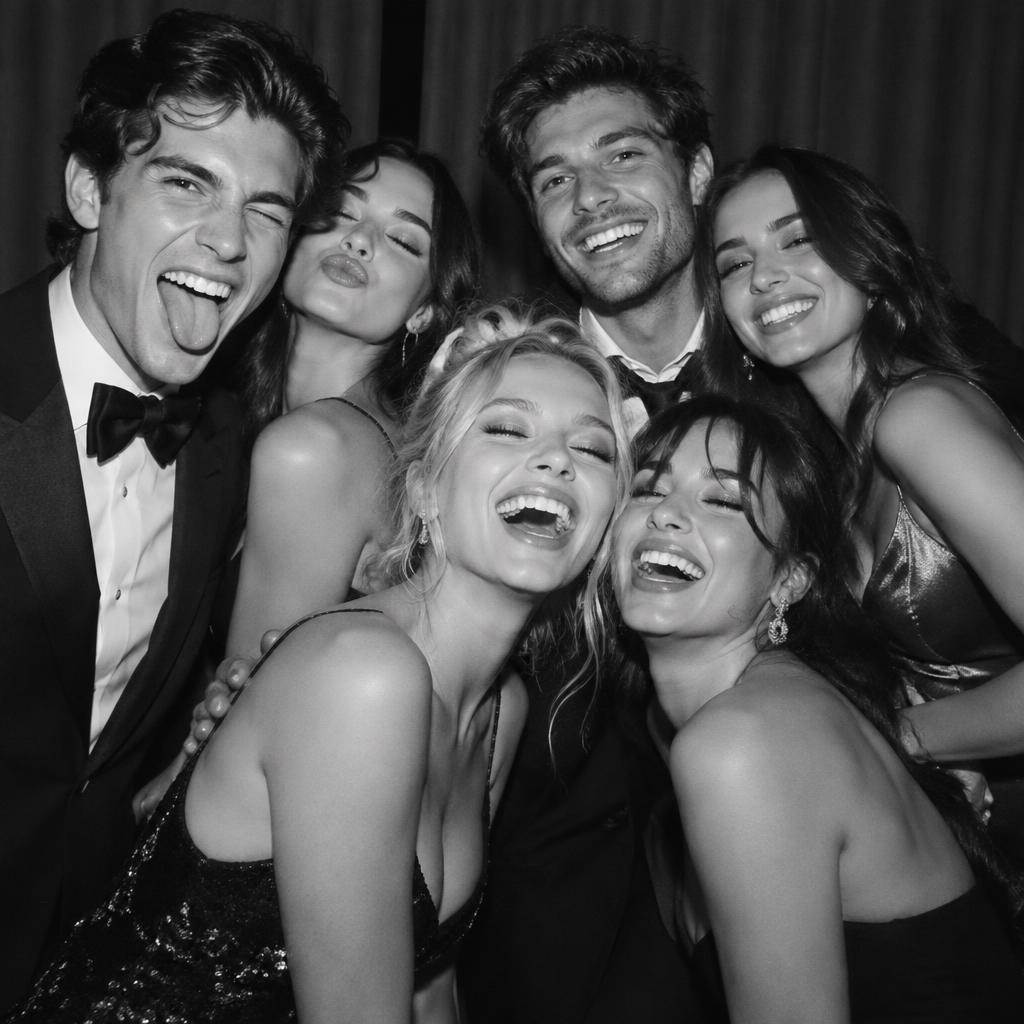 group of friends smiling for a black and white portrait
