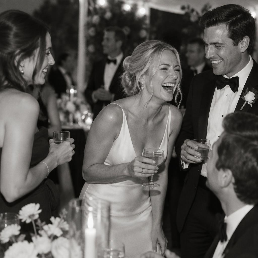 black and white portrait of guests laughing together at an evening celebration