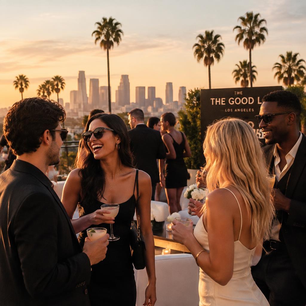 Concept image: guests at a rooftop brand activation at dusk in Los Angeles