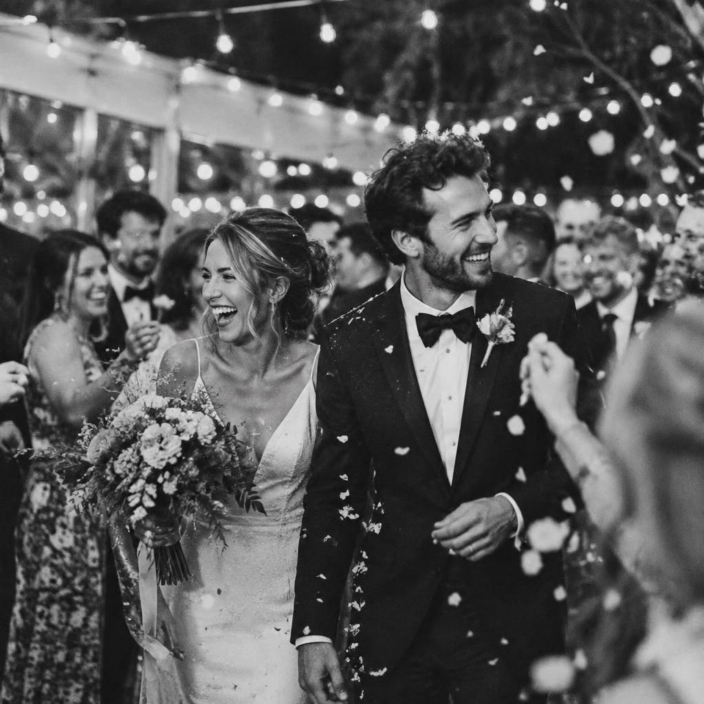 Concept image: bride and groom laughing with guests at a wedding reception